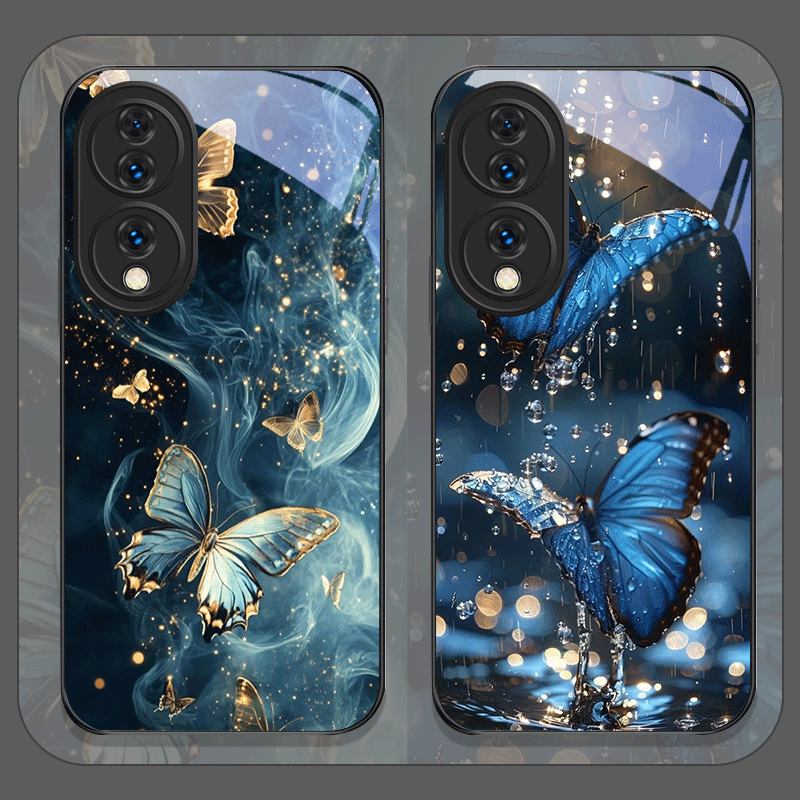 Huawei Nova 12 - Lüks Mavi Kelebek Sanat Baskılı Temperli