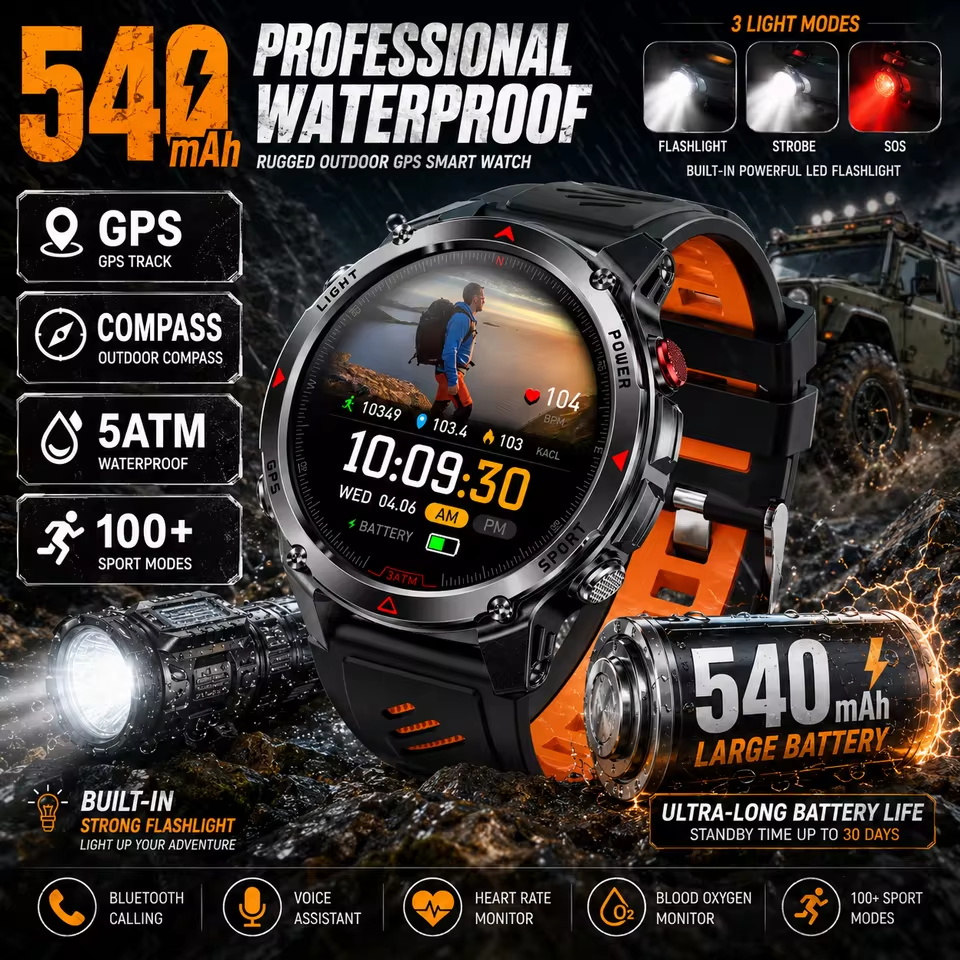 Android Smartwatch Accessories - Askeri 540mAh GPS akıllı saat 3ATM